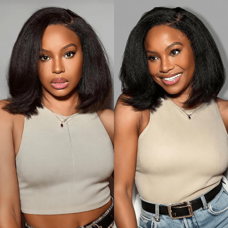 300% Density Kinky Straight Short Bob Wig 13x6 HD Lace Frontal Brazilian Virgin Human Hair Wig
