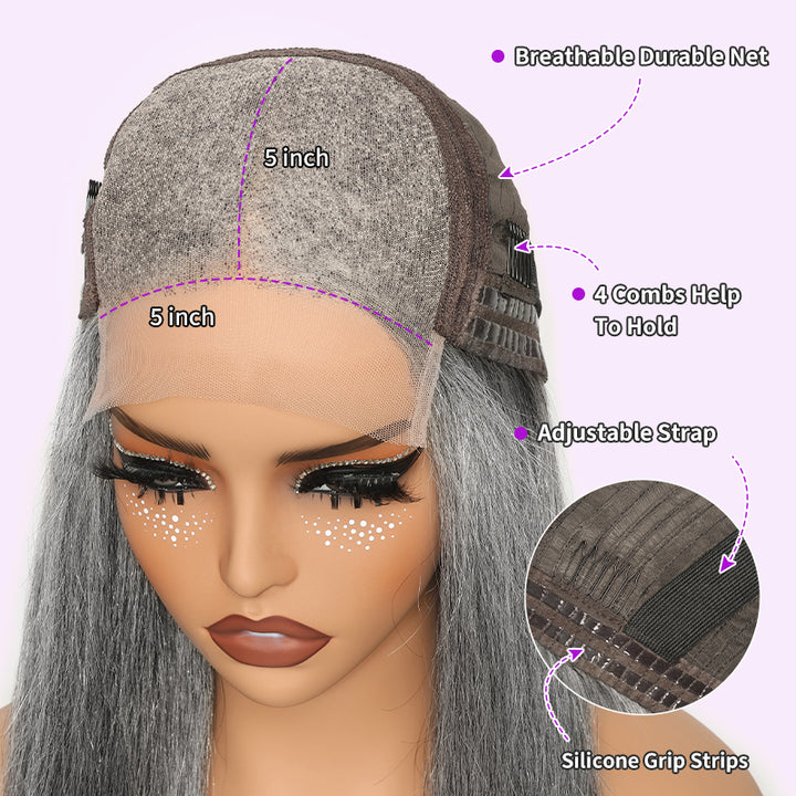 Silver Gray 5x5 HD Lace Closure Wig Straight Wear Go Glueless Human Hair Salt And Pepper Wig For Black Women
