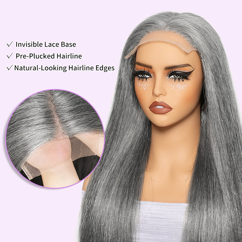 Silver Gray 5x5 HD Lace Closure Wig Straight Wear Go Glueless Human Hair Salt And Pepper Wig For Black Women