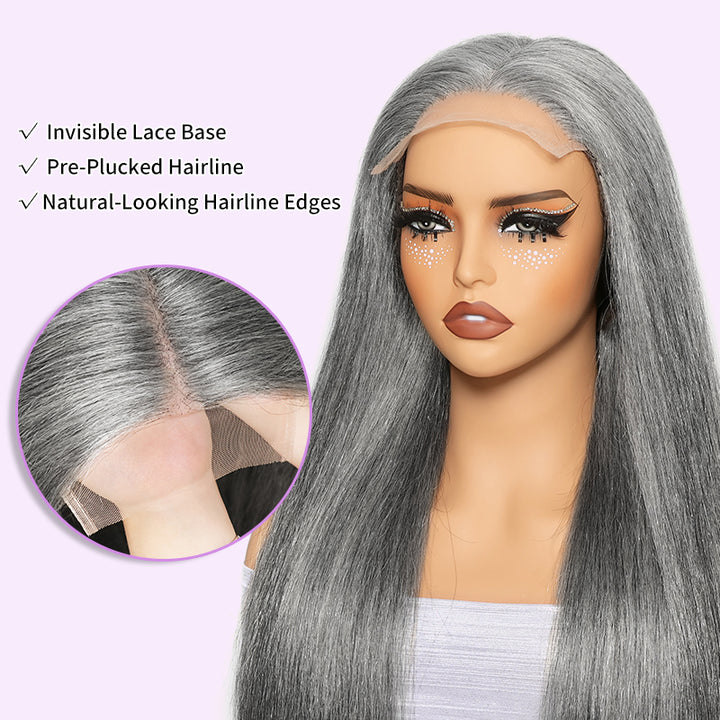 Silver Gray 5x5 HD Lace Closure Wig Straight Wear Go Glueless Human Hair Salt And Pepper Wig For Black Women