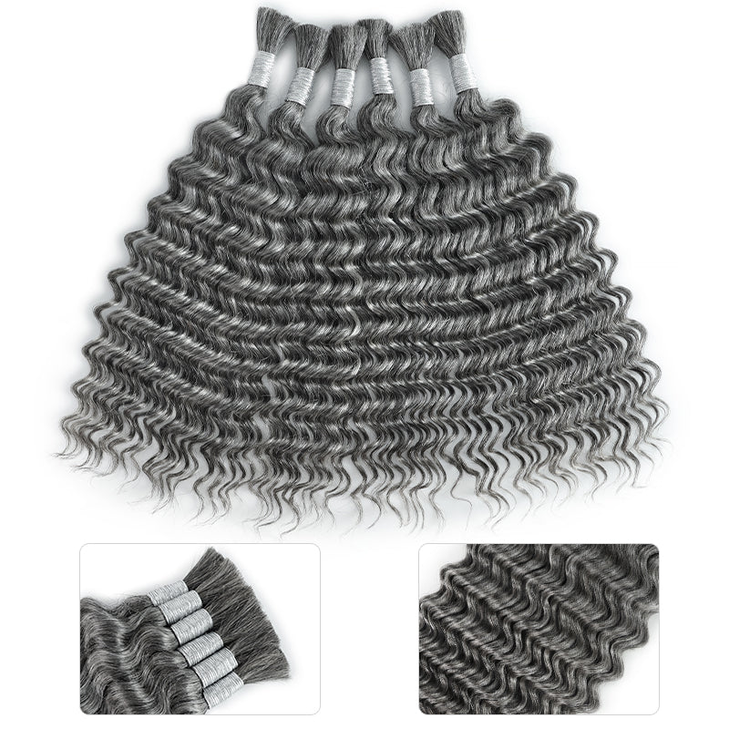 New In Gray Salt & Pepper Color Deep Wave Bulk Human Hair for Boho Braids-RhisoHair