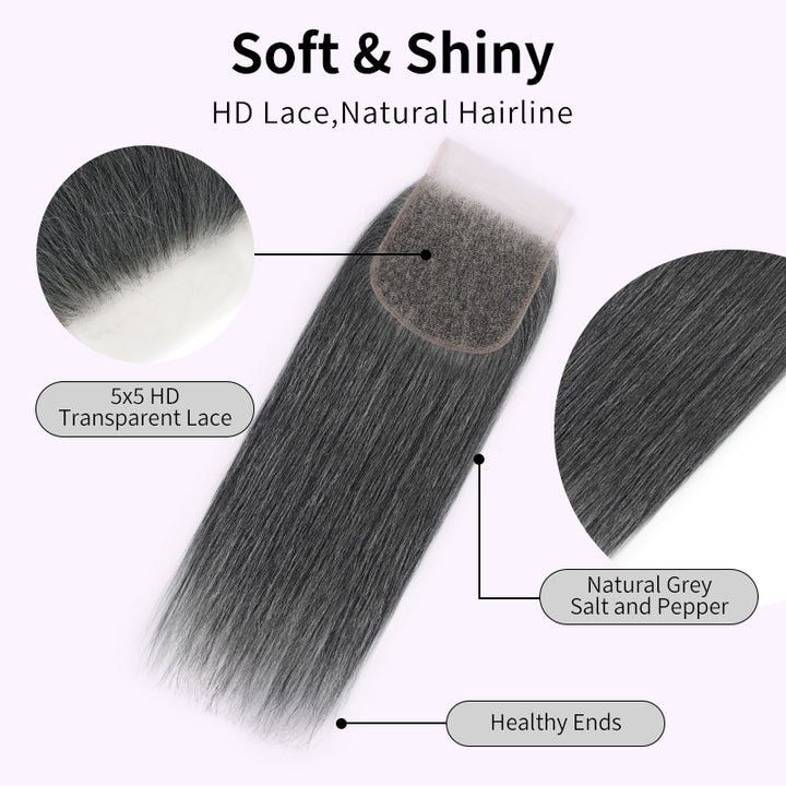 Dark Salt and Pepper Straight Human Hair Bundles with 5x5 Lace Closure