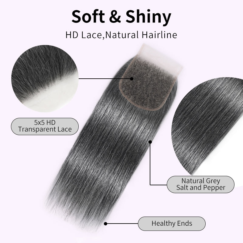 New In Deep Salt and Pepper Straight Closure Natural Grey 5x5 HD Transparent Lace Closure 100% Unprocessed Virgin Human Hair