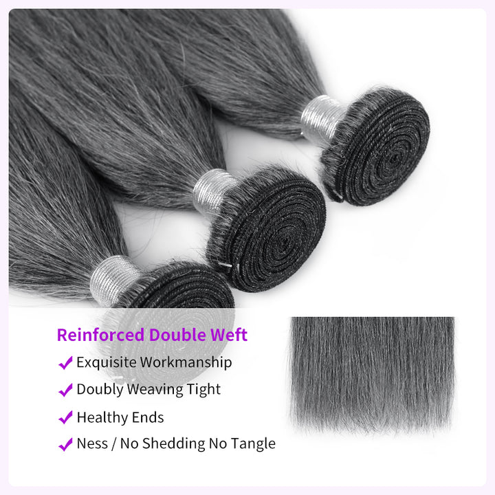 Dark Salt and Pepper Straight Human Hair Bundles with 5x5 Lace Closure