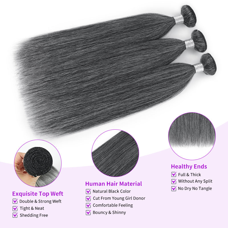 Dark Salt and Pepper Straight Human Hair Bundles with 5x5 Lace Closure