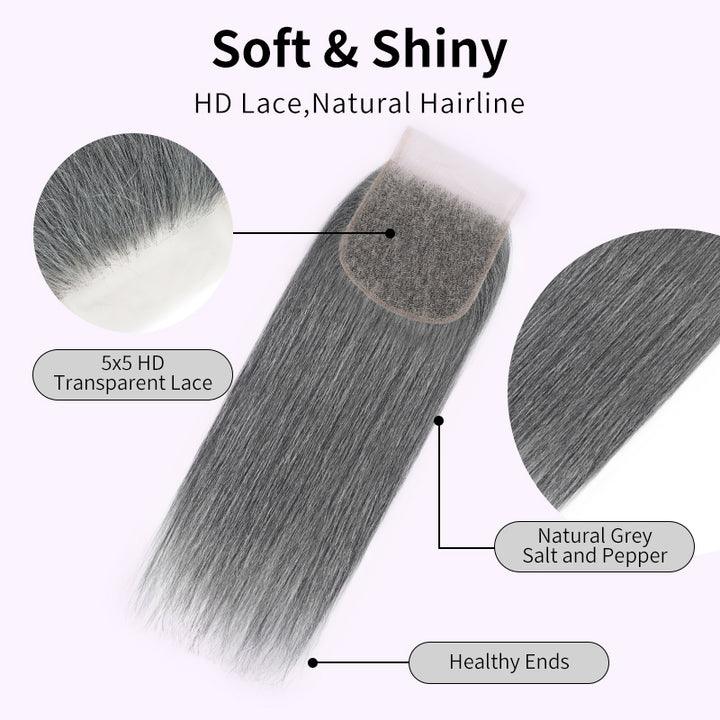 Light Salt and Pepper Straight Human Hair Bundles with 5x5 Lace Closure