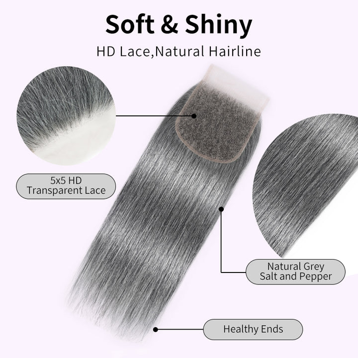 New In Salt and Pepper Straight Closure Natural Grey 5x5 HD Transparent Lace Closure 100% Unprocessed Virgin Human Hair
