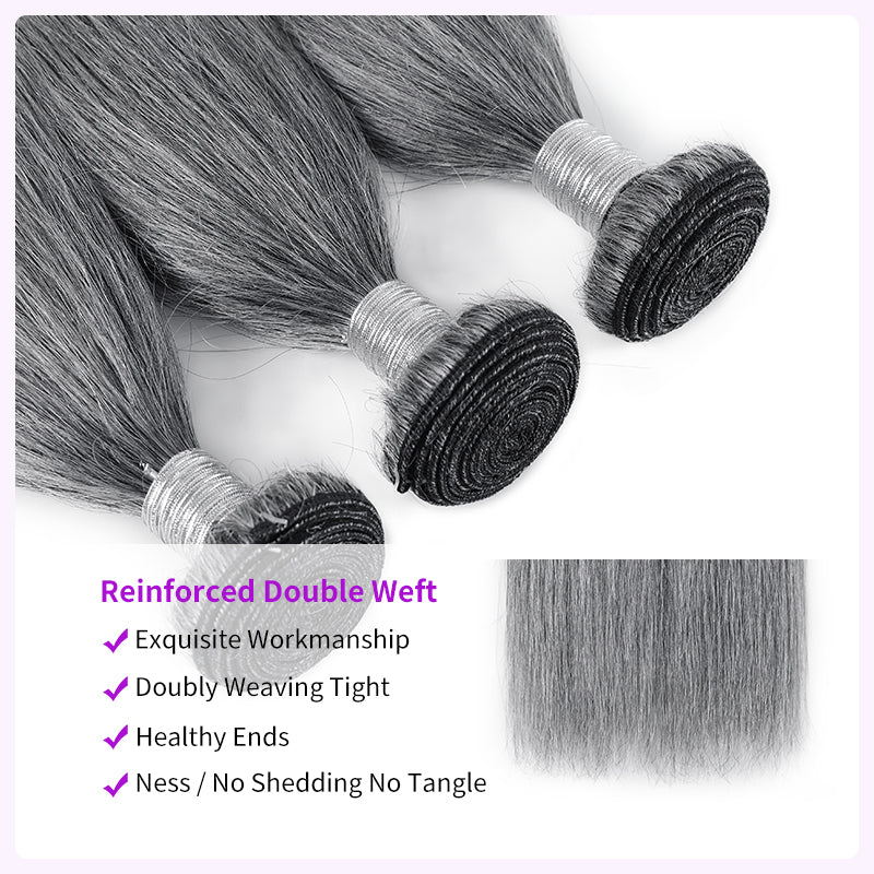 Light Salt and Pepper Straight Human Hair Bundles with 5x5 Lace Closure