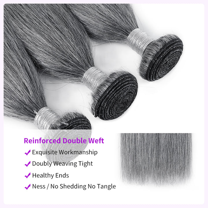 Light Salt and Pepper Straight Human Hair Bundles with 5x5 Lace Closure