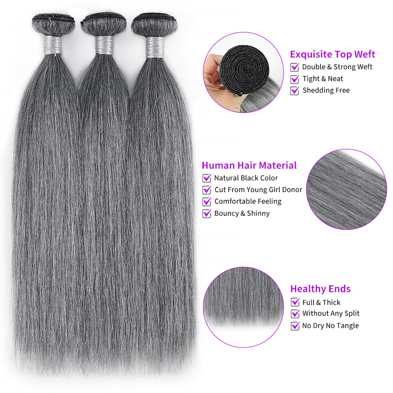 Light Salt and Pepper Straight Human Hair Bundles with 5x5 Lace Closure