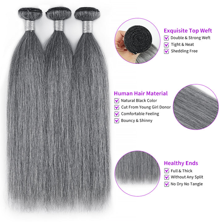 Light Salt and Pepper Straight Human Hair Bundles with 5x5 Lace Closure