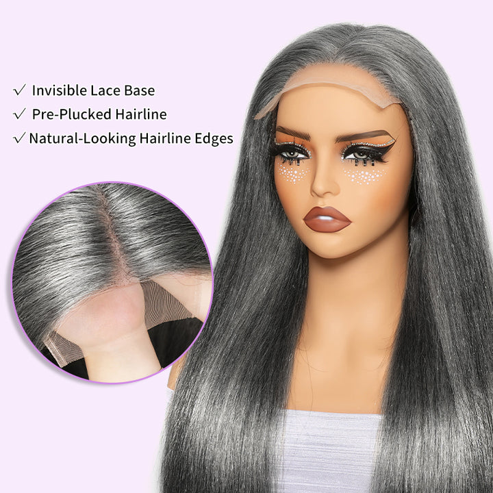 5x5 HD Lace Closure Wig Deep Salt And Pepper Color Straight Glueless Human Hair Wig For Black Women