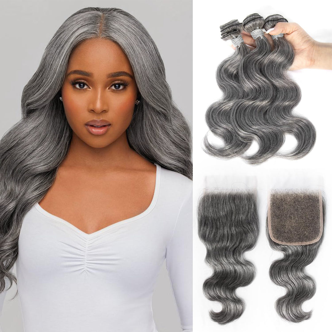 Light Salt and Pepper Straight Human Hair Bundles with 5x5 Lace Closure