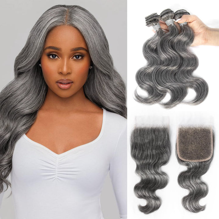 Light Salt and Pepper Straight Human Hair Bundles with 5x5 Lace Closure