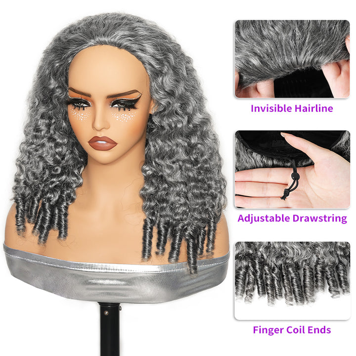 Salt & Pepper Burmese Curly 3 In 1 Flip Over Half Wig Wear And Go Glueless Human Hair Wig With Drawstring H