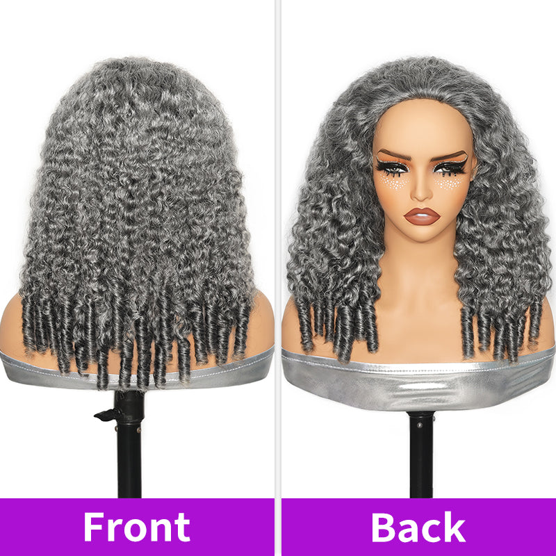 Salt & Pepper Burmese Curly 3 In 1 Flip Over Half Wig Wear And Go Glueless Human Hair Wig With Drawstring H