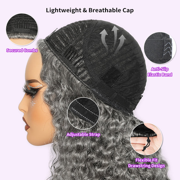 Salt & Pepper Burmese Curly 3 In 1 Flip Over Half Wig Wear And Go Glueless Human Hair Wig With Drawstring H