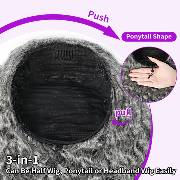 Salt & Pepper Burmese Curly 3 In 1 Flip Over Half Wig Wear And Go Glueless Human Hair Wig With Drawstring H