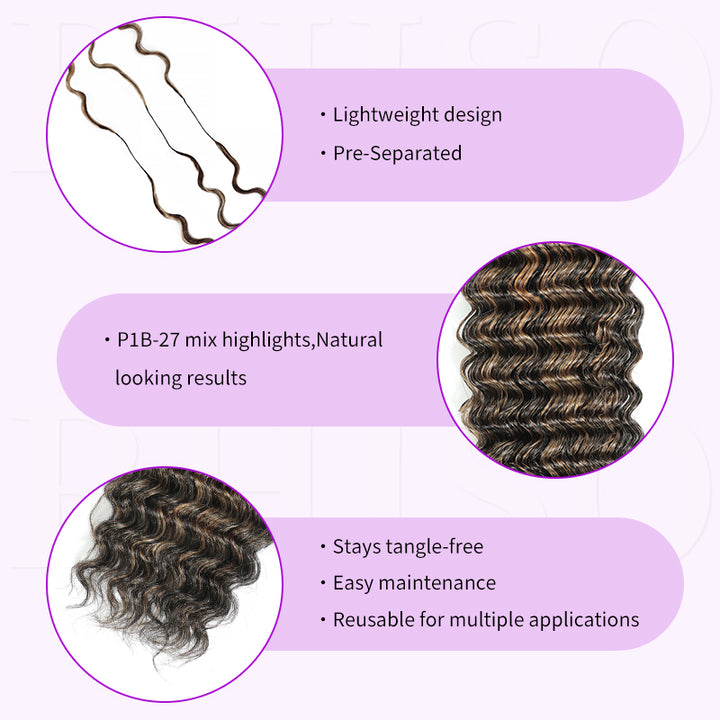 P1B/27 Highlight Color Deep Wave Crochet Human Hair Pre-Separated Miracle Konts Feather Human Hair Extension
