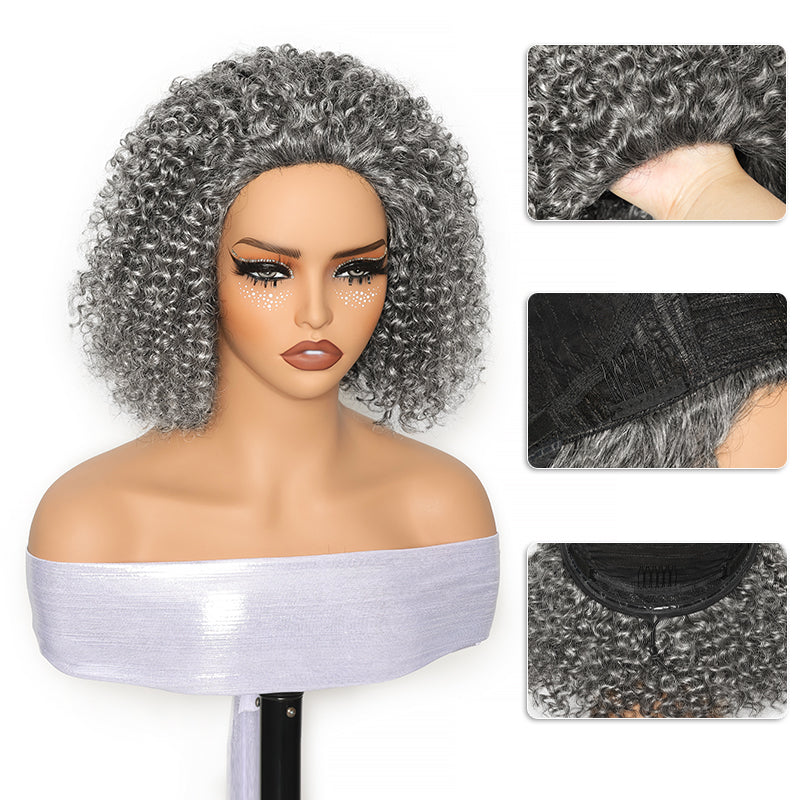 Salt & Pepper Jerry Curly 3 In 1 Flip Over Half Wig Natural Grey Wear And Go Glueless 100% Human Hair Wig With Drawstring
