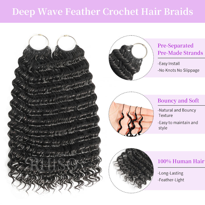 24H Fast Shipping|Deep Wave Crochet Feather Human Hair Extensions