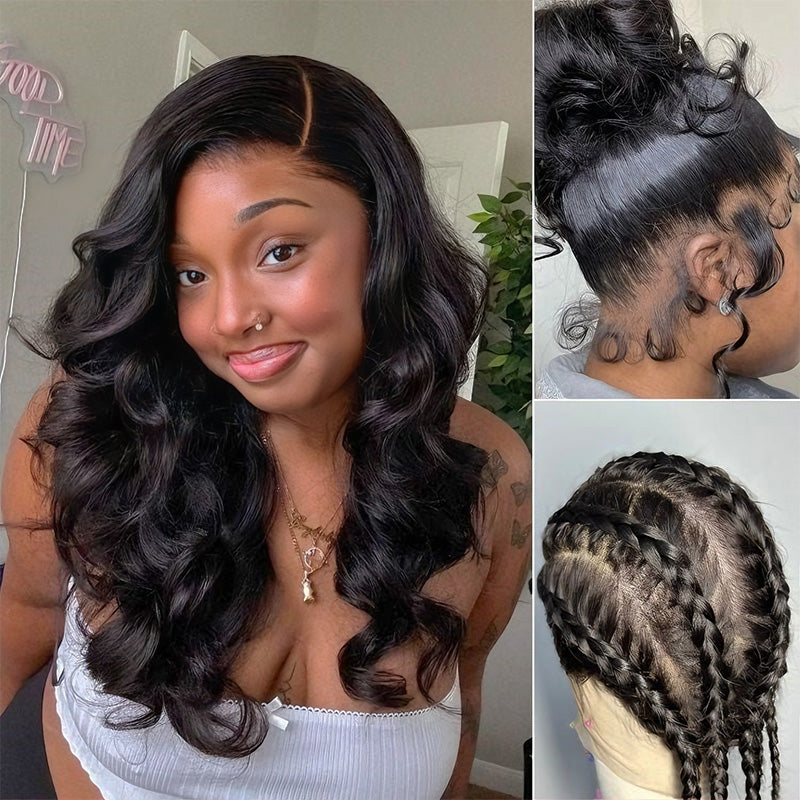 RhisoHair Free Parting Full Lace Wig Natural Black Straight/Body Wave Half Up Half Down Human Hair Wig