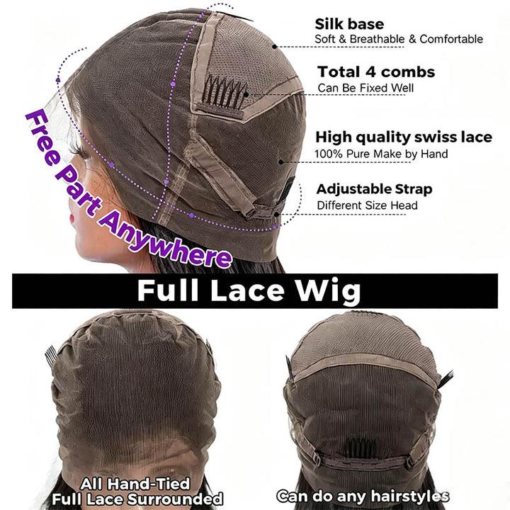 RhisoHair Free Parting Full Lace Wig Natural Black Straight/Body Wave Half Up Half Down Human Hair Wig