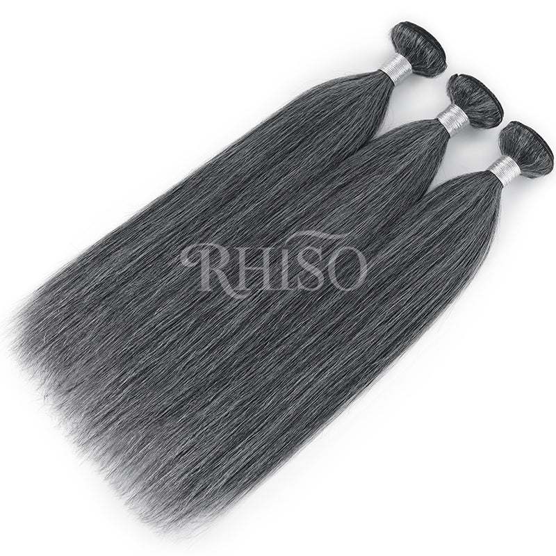 New In Dark Salt & Pepper Straight Human Hair Bundles 100% Brazilian Virgin Remy Hair Extensions
