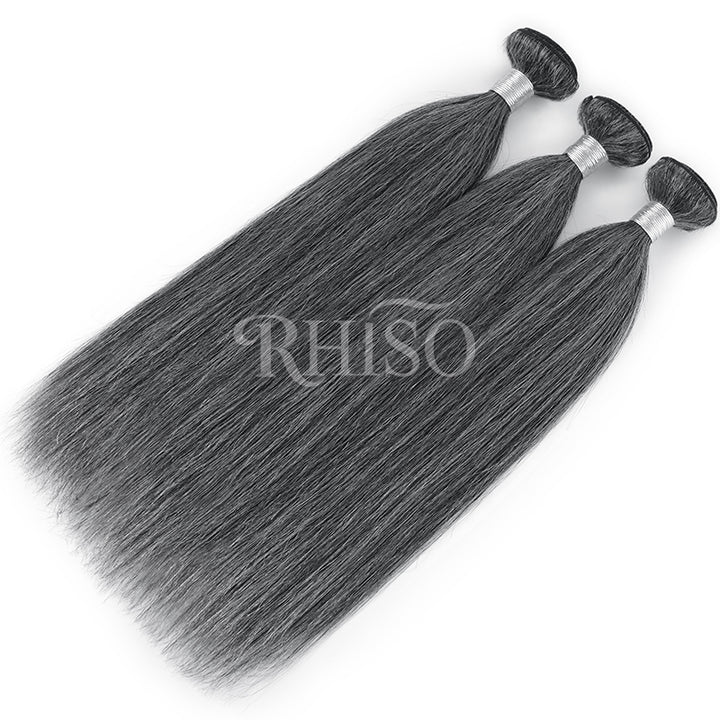 New In Dark Salt & Pepper Straight Human Hair Bundles 100% Brazilian Virgin Remy Hair Extensions