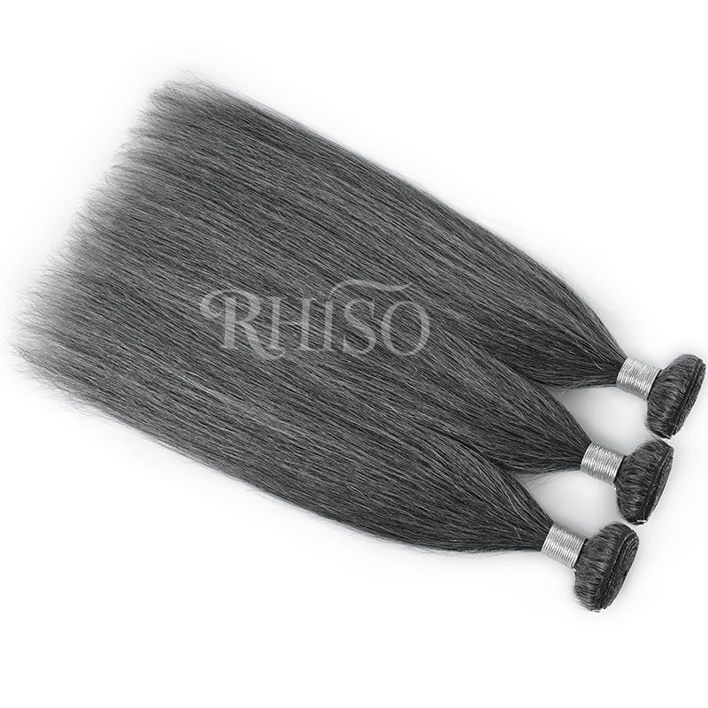 New In Dark Salt & Pepper Straight Human Hair Bundles 100% Brazilian Virgin Remy Hair Extensions