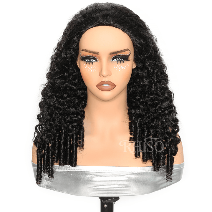 Burmese Curly Half Wig Wear And Go Glueless Wig Human Hair 3 In 1 Curly Flip Over Half Wig Wet And Wavy Drawstring Headband Wig with Finger End