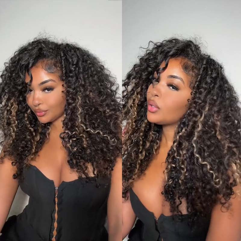 RhisoHair 3Packs #27 Honey Blonde With 2Packs Natural Black Jerry Curly Highlight Miracle Knots Boho Braids Crochet Hair Machine Made Feather Human Hair Extension 