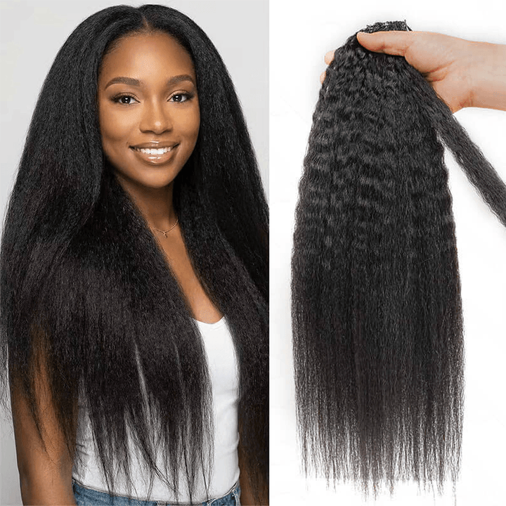 RhisoHair Natural Black Kinky Straight Machine Made Crochet Feather Human Hair Extension