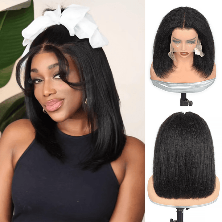 300% Density Kinky Straight Short Bob Wig 13x6 HD Lace Frontal Brazilian Virgin Human Hair Wig