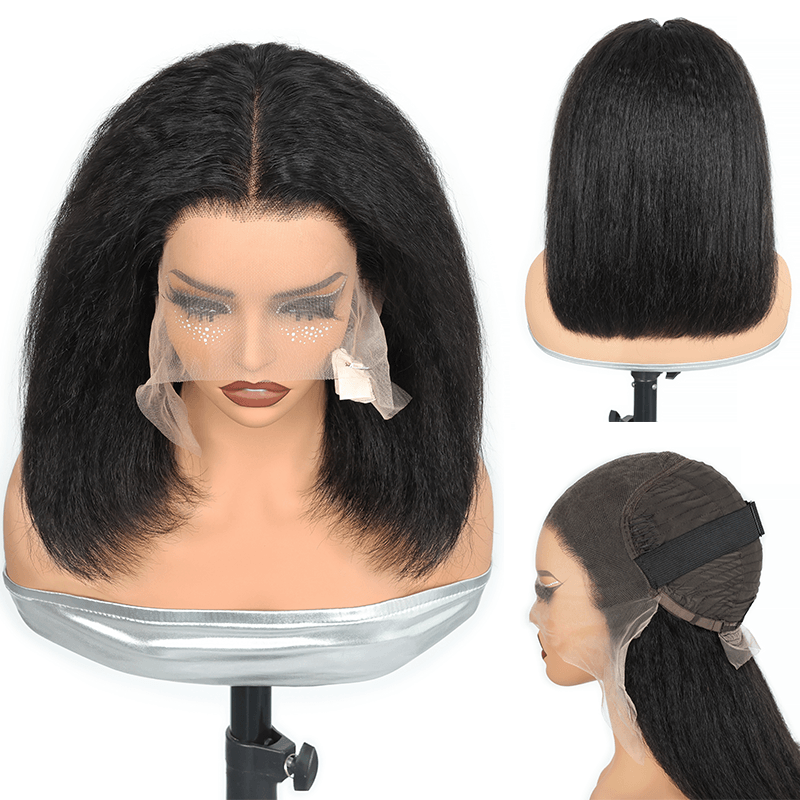 300% Density Kinky Straight Short Bob Wig 13x6 HD Lace Frontal Brazilian Virgin Human Hair Wig