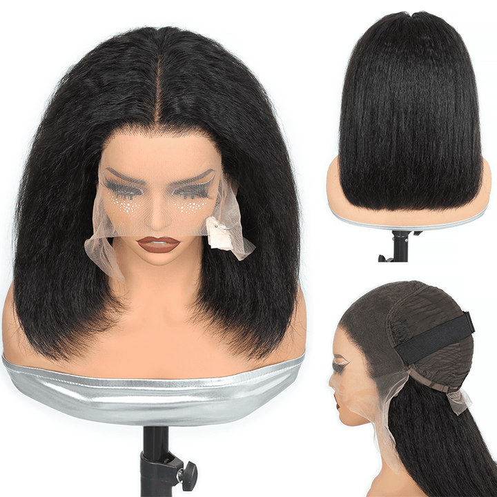 300% Density Kinky Straight Short Bob Wig 13x6 HD Lace Frontal Brazilian Virgin Human Hair Wig
