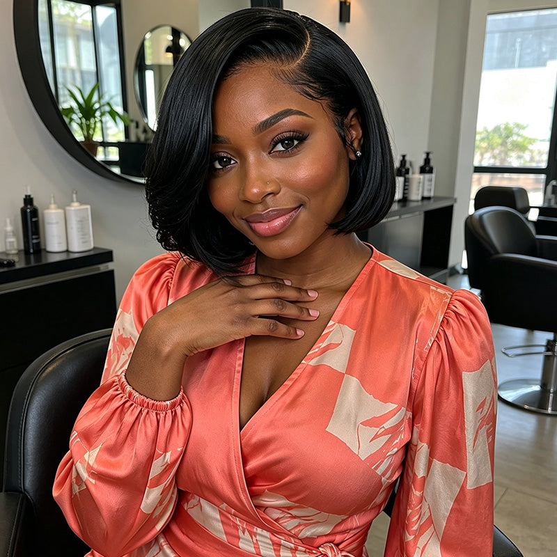 24H Fast Shipping|Pre Style C Part Kinky Straight Short Bob Wig Pre-Everything 5x5 Lace Closure Pull To Go Human Hair Yaki Bob Wig With Drawstring