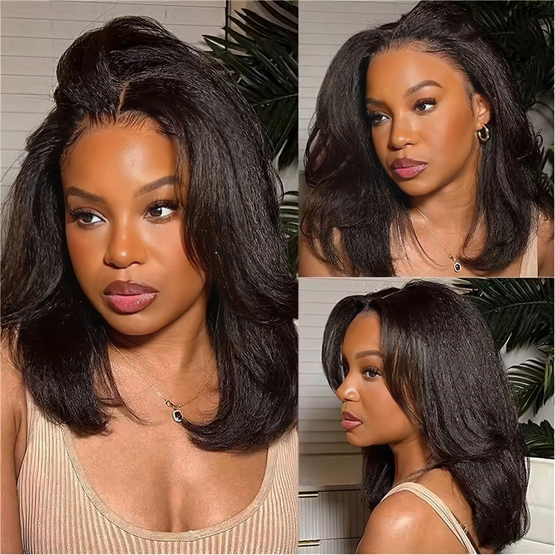 24H Fast Shipping|Pre Style C Part Kinky Straight Short Bob Wig Pre-Everything 5x5 Lace Closure Pull To Go Human Hair Yaki Bob Wig With Drawstring