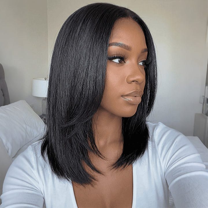 24H Fast Shipping|Pre Style C Part Kinky Straight Short Bob Wig Pre-Everything 5x5 Lace Closure Pull To Go Human Hair Yaki Bob Wig With Drawstring