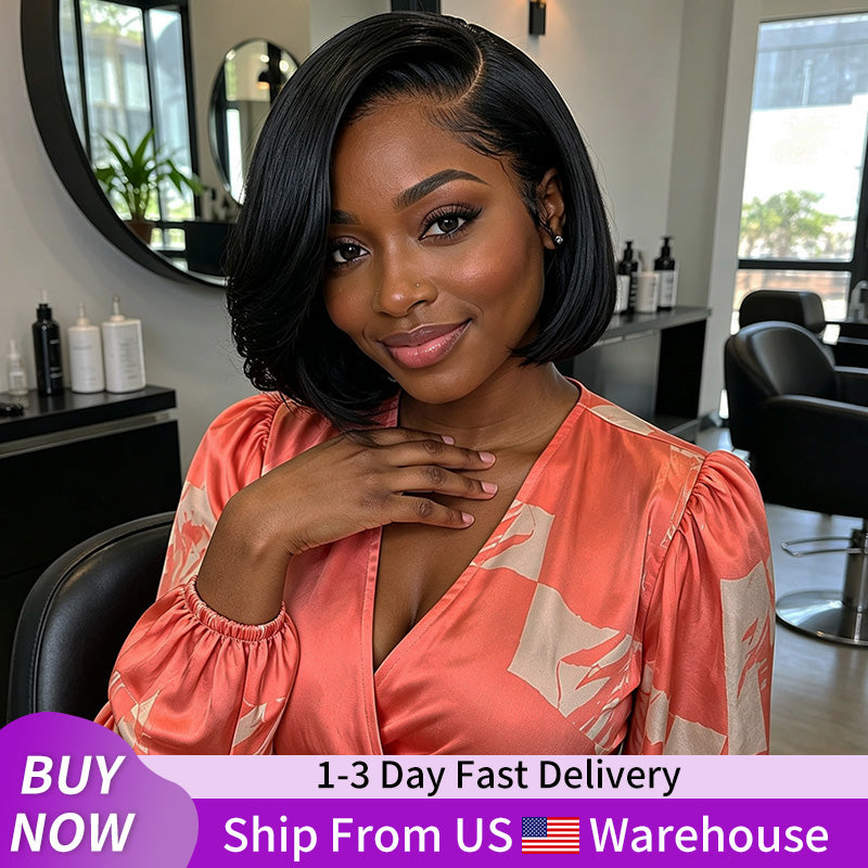 24H Fast Shipping|Pre Style C Part Kinky Straight Short Bob Wig Pre-Everything 5x5 Lace Closure Pull To Go Human Hair Yaki Bob Wig With Drawstring