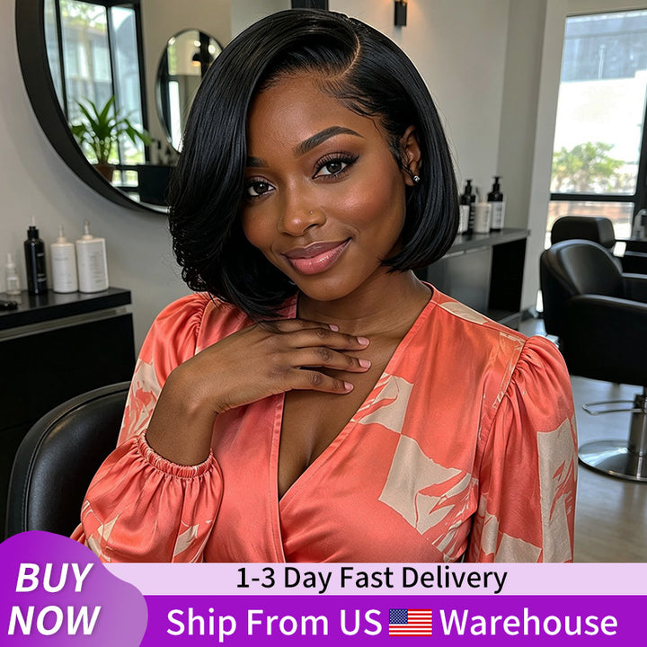 24H Fast Shipping|Pre Style C Part Kinky Straight Short Bob Wig Pre-Everything 5x5 Lace Closure Pull To Go Human Hair Yaki Bob Wig With Drawstring