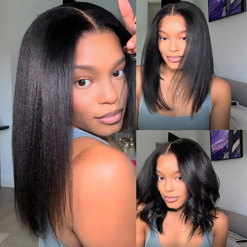 24H Fast Shipping|Pre Style C Part Kinky Straight Short Bob Wig Pre-Everything 5x5 Lace Closure Pull To Go Human Hair Yaki Bob Wig With Drawstring