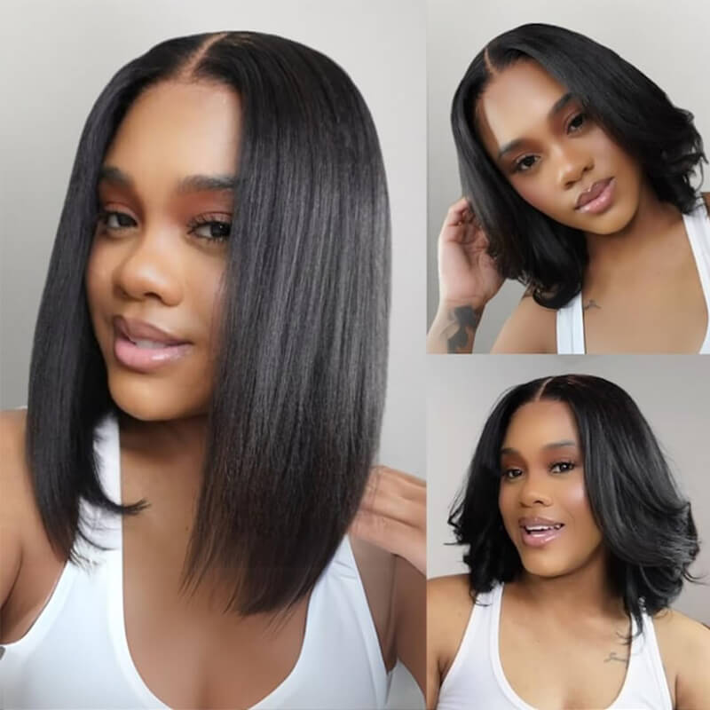 4x4 HD Lace Closure Kinky Straight Short Bob Wig Brazilian Virgin Human Hair Yaki Bob Wig