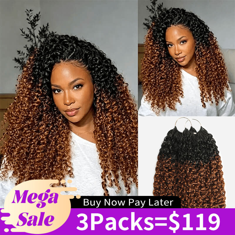 RhisoHair T1B/30 Ombre Copper Brown Crochet Hair Burmese Curly/Pixie Curly Machine Made Feather Human Hair Extension
