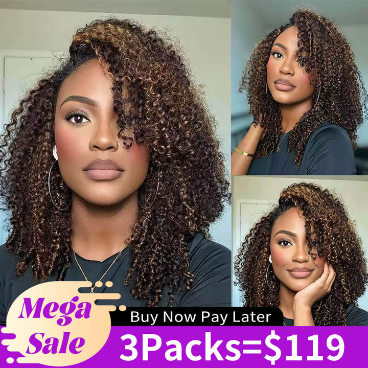 RhisoHair P4/27 Ash Blonde Piano Highlight Crochet Hair Burmese Curly/Pixie Curly Machine Made Feather Human Hair Extension