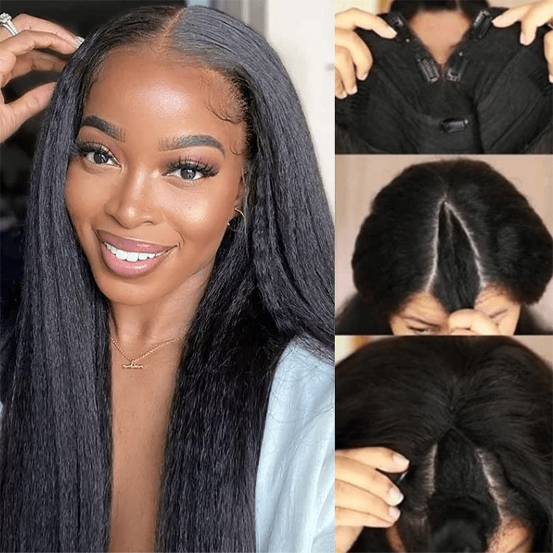 RHISO Seamless Blending V Part Glueless Kinky Straight Human Hair Wig With Invisi Adjustable Drawstring Beginner Friendly 300% Density