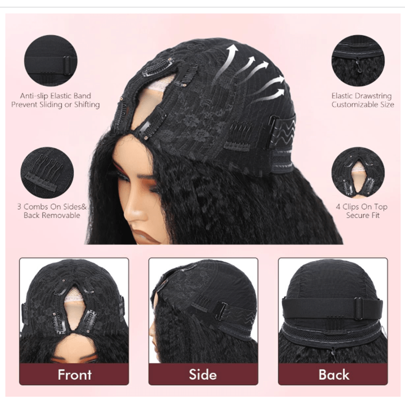 RHISO T1B/30 Kinky Straight V-Part Pull-To-Go Glueless Wig With Loose Spring Twist Ends Seamless Blending Human Hair Wig Beginner Friendly 300% Density