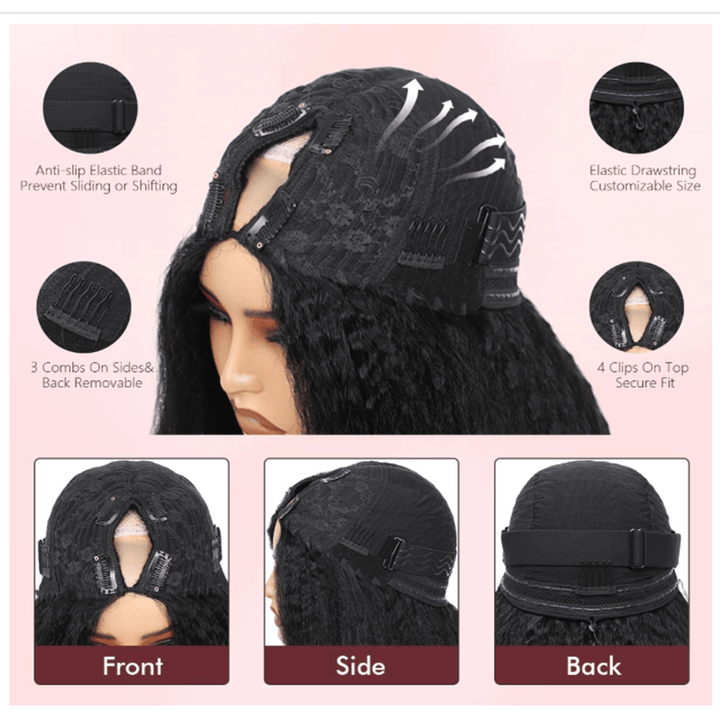 RHISO T1B/30 Kinky Straight V-Part Pull-To-Go Glueless Wig With Loose Spring Twist Ends Seamless Blending Human Hair Wig Beginner Friendly 300% Density