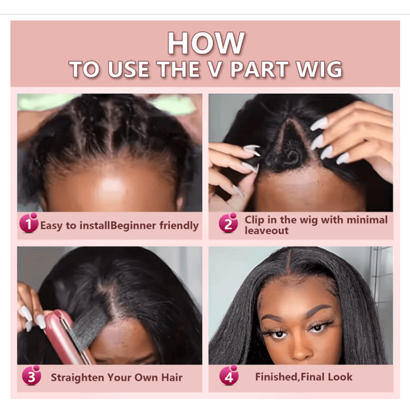 RHISO T1B/30 Kinky Straight V-Part Pull-To-Go Glueless Wig With Loose Spring Twist Ends Seamless Blending Human Hair Wig Beginner Friendly 300% Density