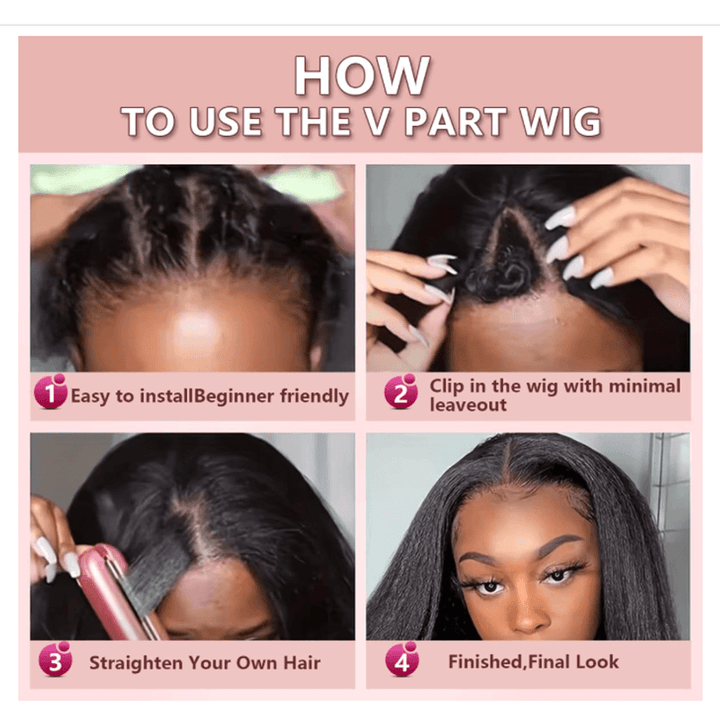 RHISO T1B/30 Kinky Straight V-Part Pull-To-Go Glueless Wig With Loose Spring Twist Ends Seamless Blending Human Hair Wig Beginner Friendly 300% Density